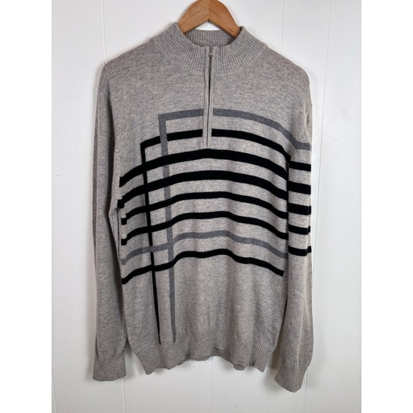 United Colors Benetton Lambswool Blend Sweater Gray 1/4 Zip Mens XL Striped - Picture 1 of 7
